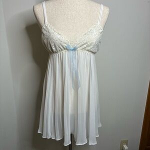 Flora White Lace & Chiffon Babydoll Lingerie Nightgown with Blue Ribbon Bow